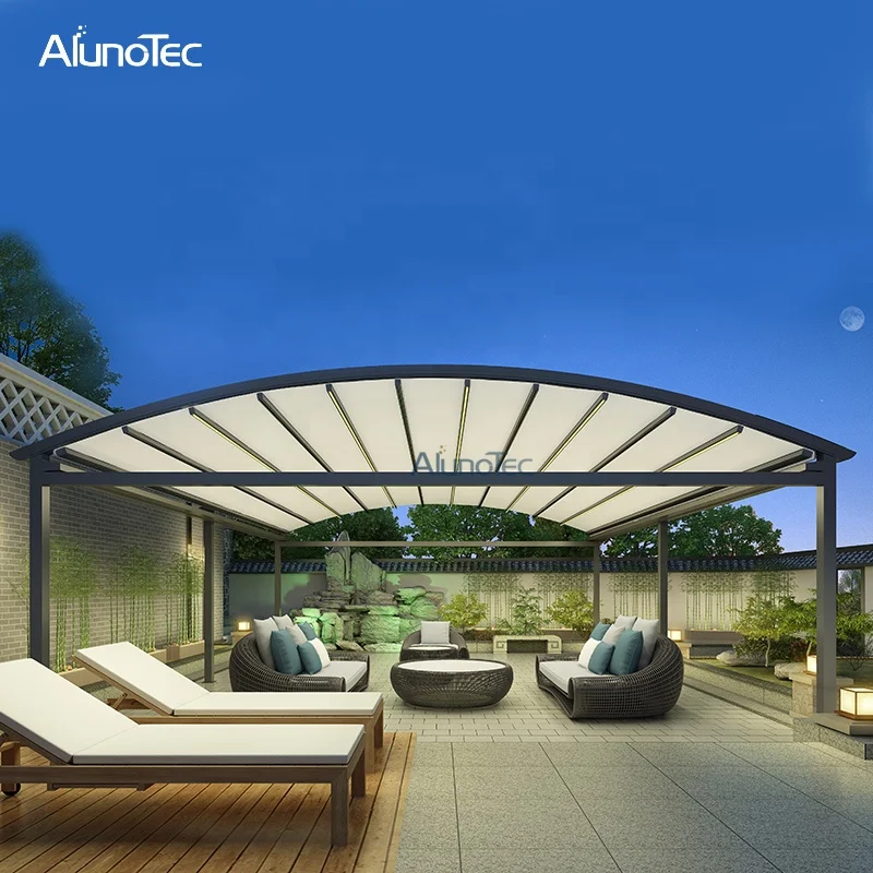 AlunoTec Hot Sale Retractable Gazebo Waterproof Roof Motorized Grey Awning with Led Lights