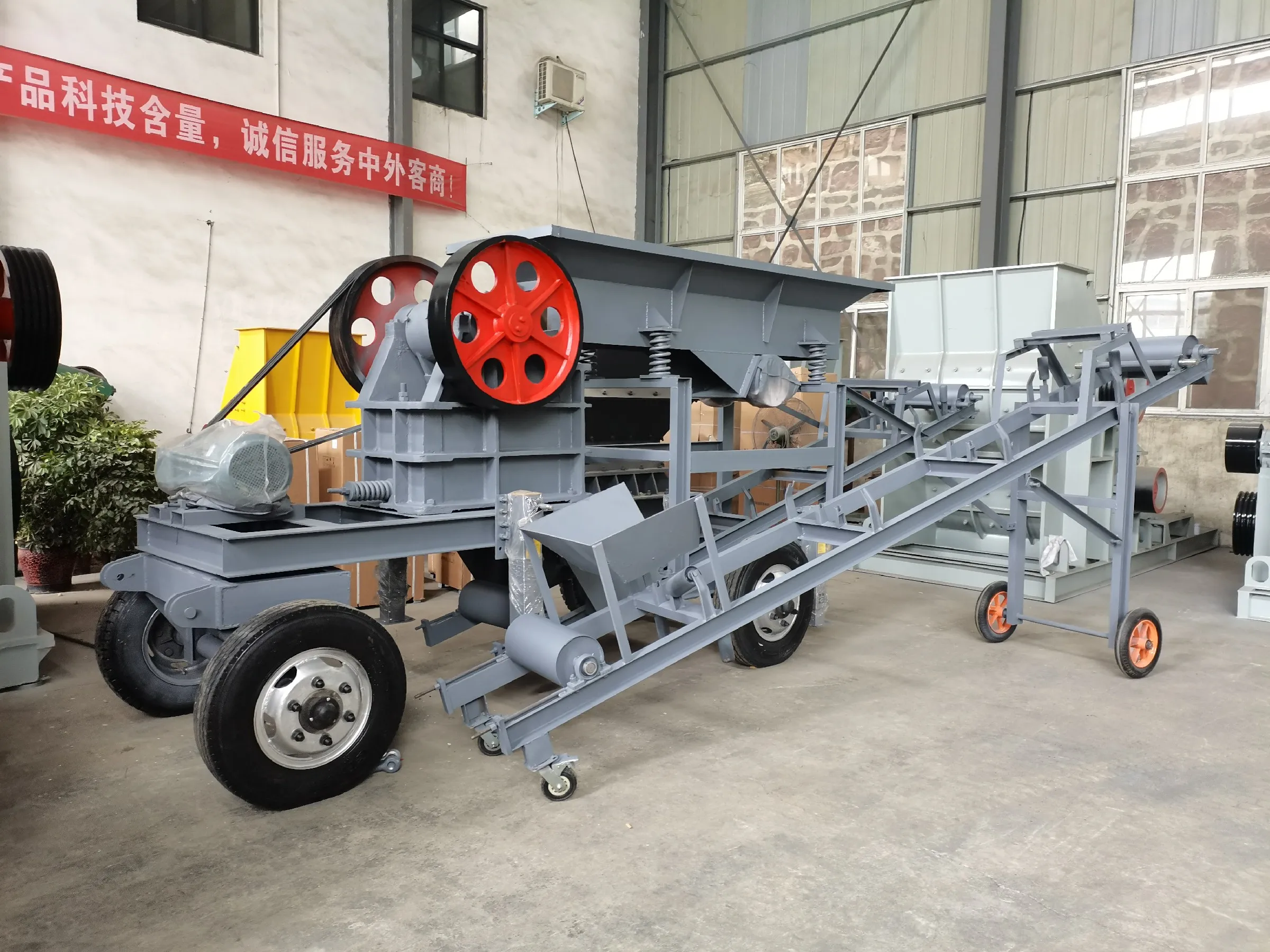 Manufacturer customized portable 250x400 jaw crusher with vibrating feeder and belt conveyor