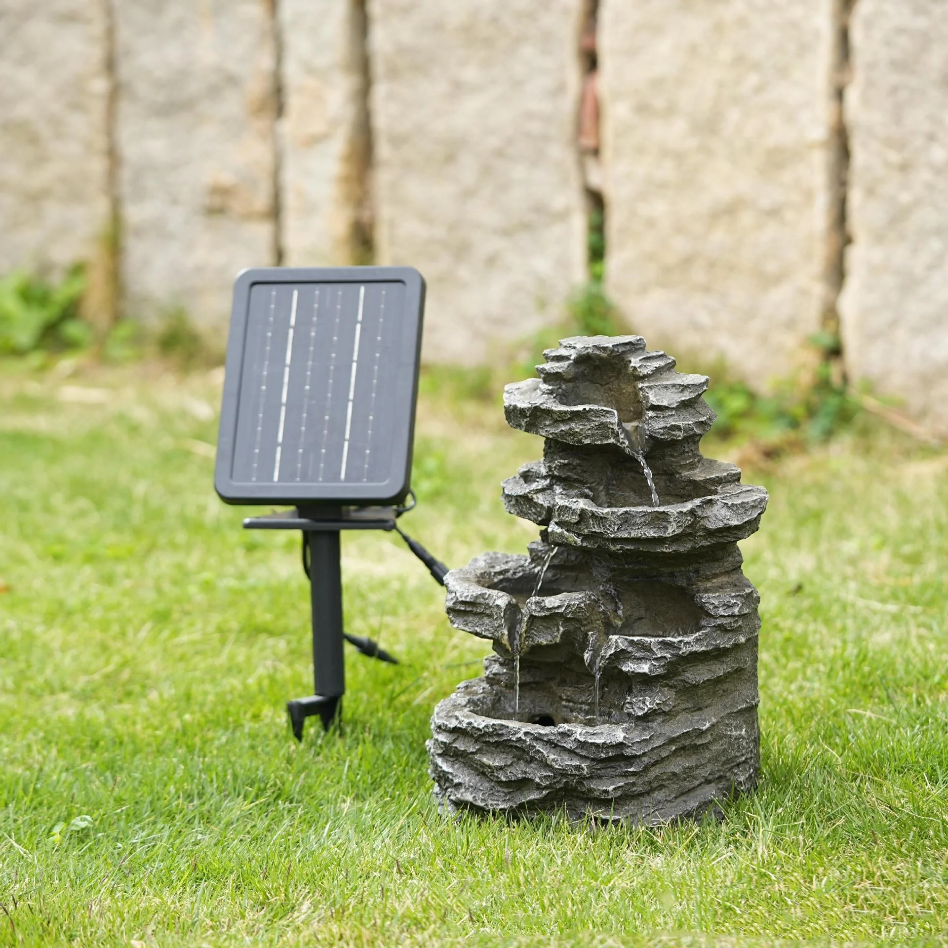 Modern Style Outdoor Polyresin Waterfall Water Fountain with LED Lights Solar Pump All-Season 45-60 Days Support Garden Ornament