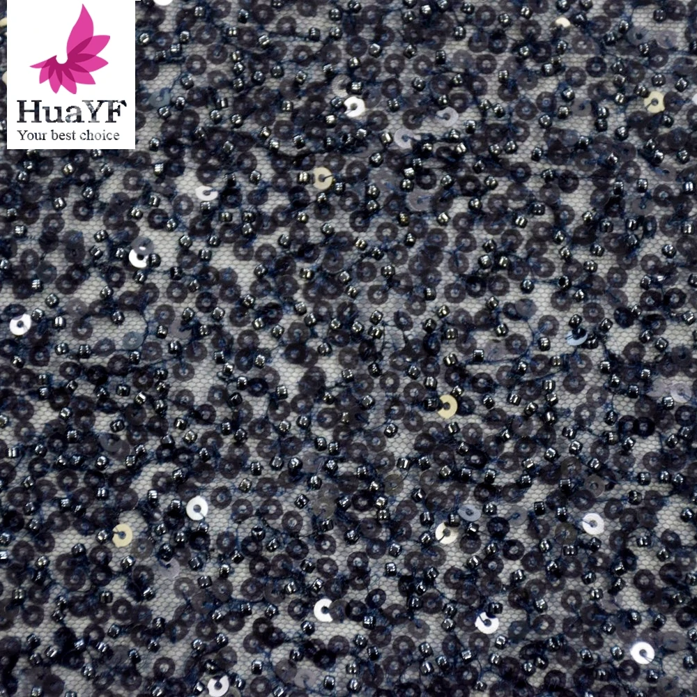 2022 Top quality super high density navy blue 3d beaded sequins lace luxury embroidery tulle lace dress fabric HY1763-2