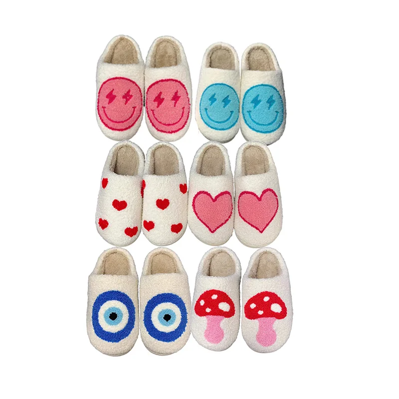 Factory wholesale fluffy smiley face slippers lightning bolt  fluffy  fuzzy love heart home  evil eye for women slippers
