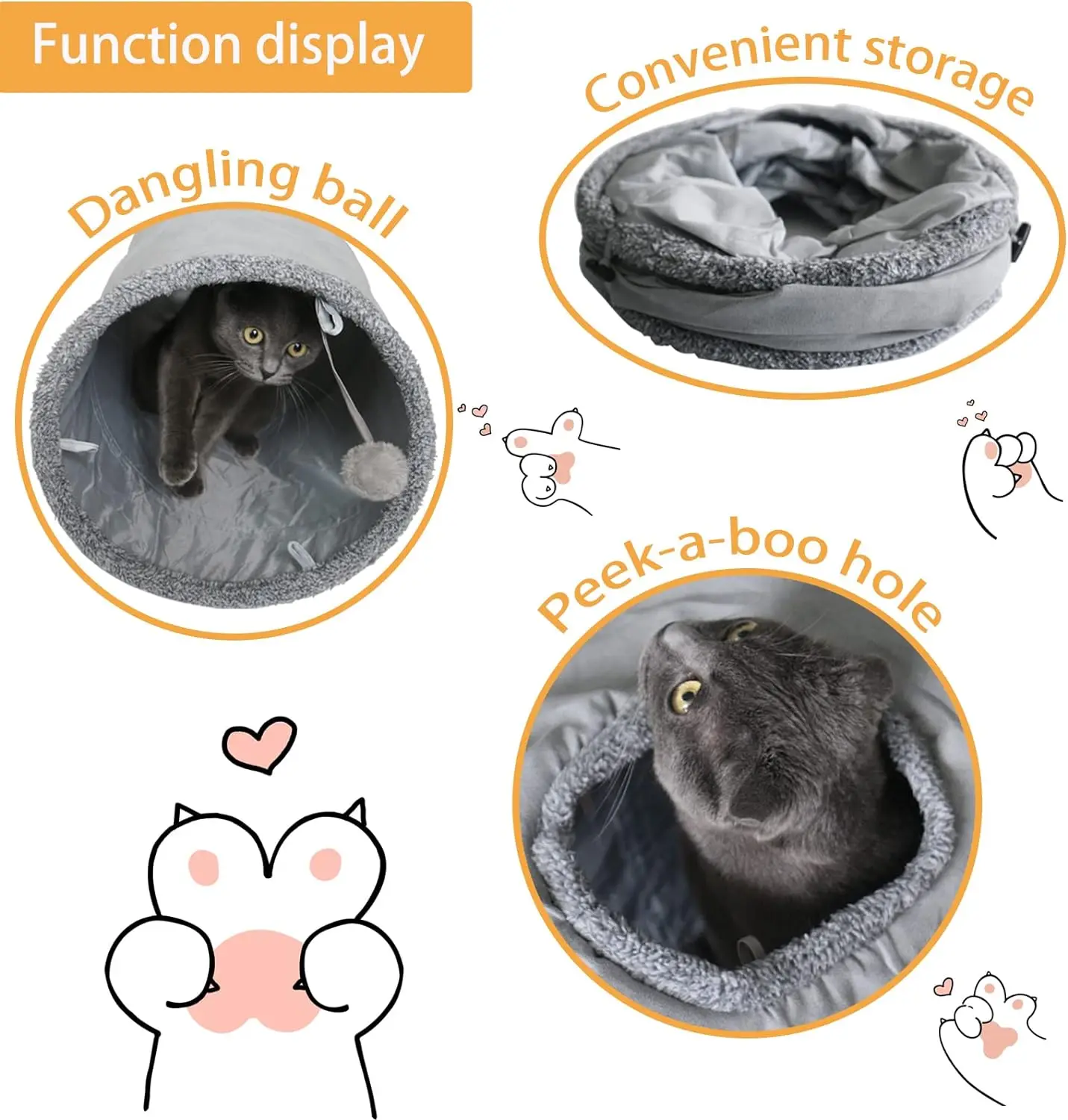 Cat Tunnel for Indoor Cats, 51* 12 inch Foldable Big Cat Tunnel, Grey Suede Pet Tunnels with Two Peepholes and a Bubble Ball