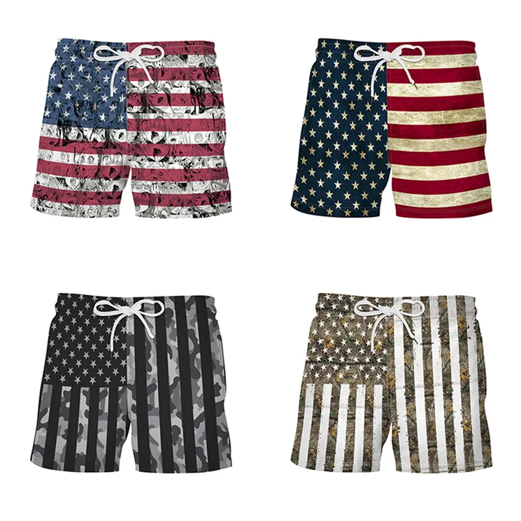 American Flag Summer Men Swimming Polyester Beach Shorts Custom Logo Plus Size Loose Sports Surf Shorts
