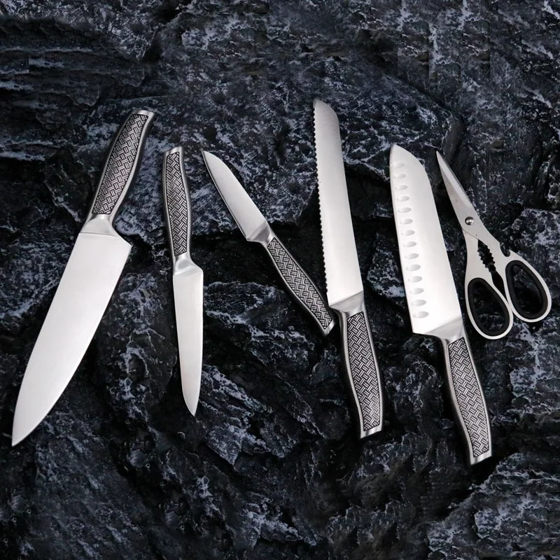 wholesale knives 6pcs kitchen knife set  chef knife professional stainless steel handle with holder