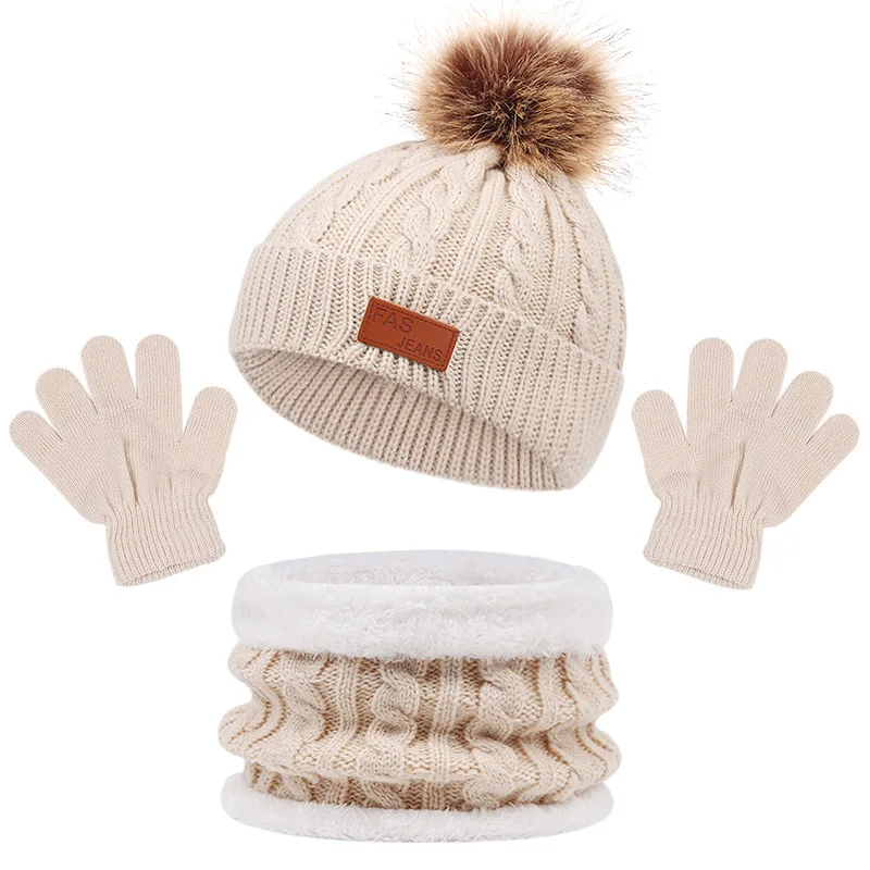 New Scarf with Baby Beanie Thicken Warm Knitted Kids Hat Cute Winter Ball Hats set