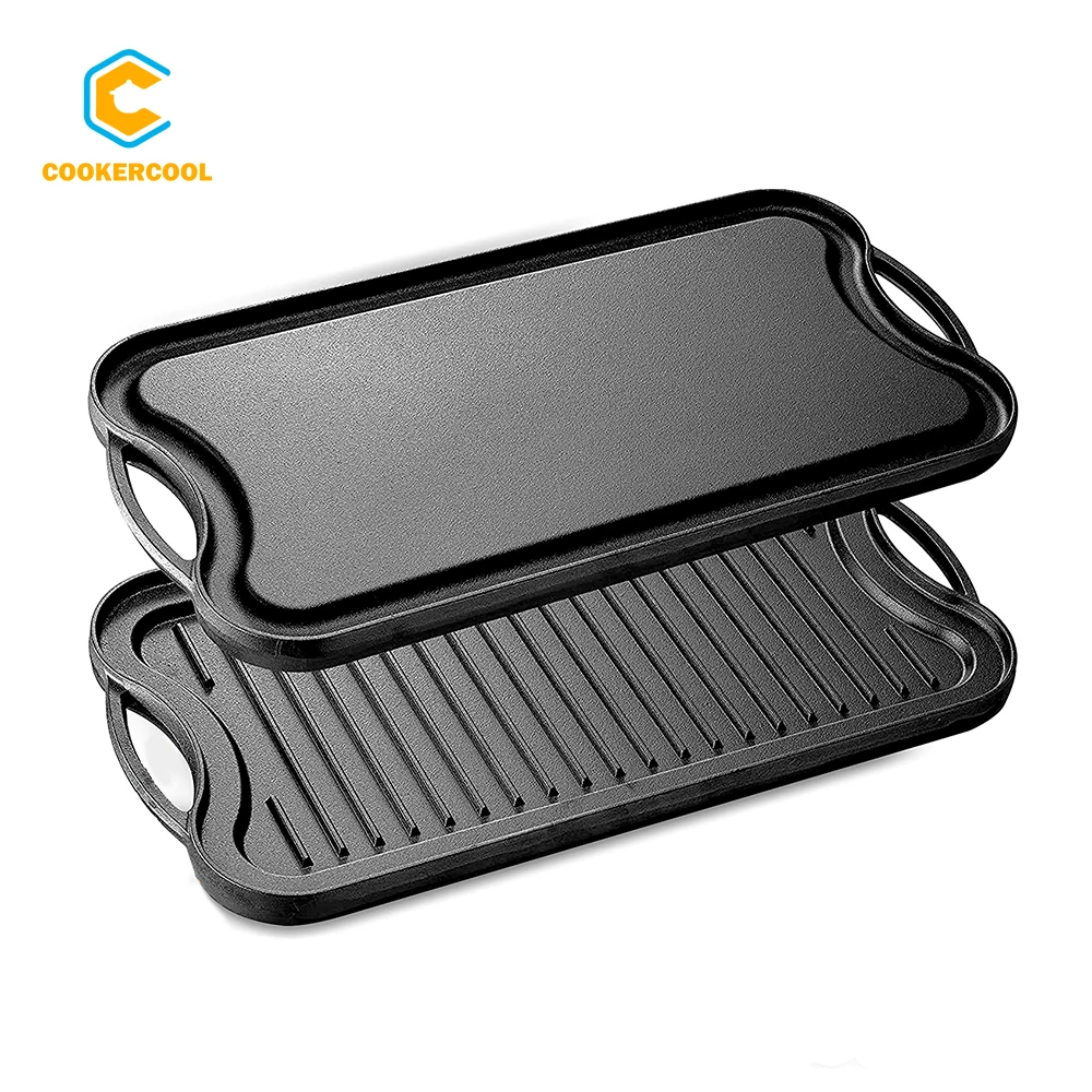 Cookercool BBQ Reversible Flat Cast Iron Skillet Griddle Grill Plate for Electric Stovetop Oven Safe