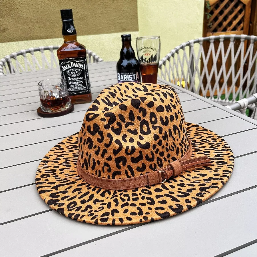 Large Flat Brim Autumn Winter Elegant Hats for Ladies Men Jazz Leopard Fedora Hat