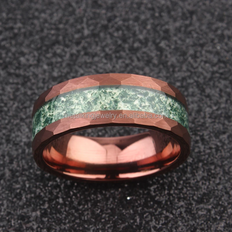 Nature Green Moss Agate Ring, Brown Hammer Tungsten Ring Inlay Moss Agate, Men Wedding Band Trendy Engagement Rings Unisex Rings