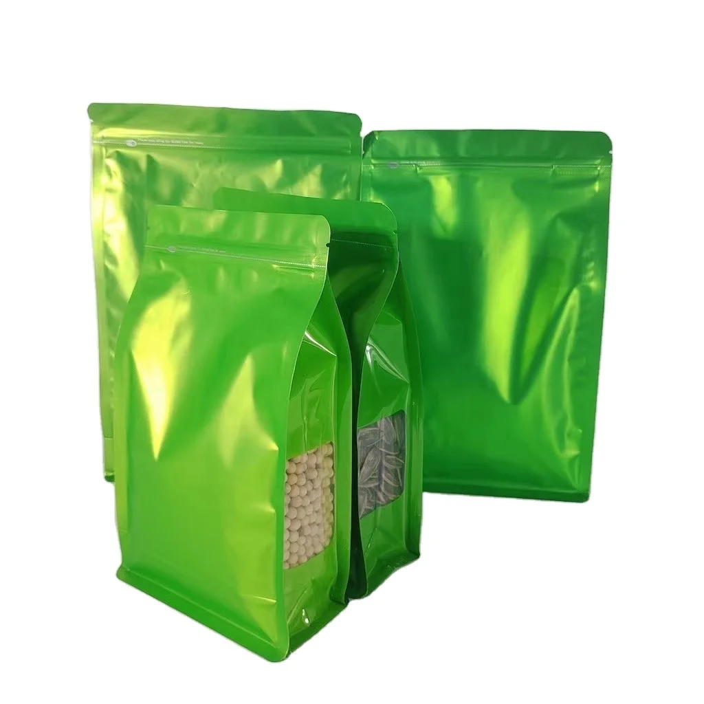 Custom Stand up Bags Flat Bottom Pouch Zipper Top Aluminum Foil with Window Matt Green Food Plastic Gravure Printing Bag Candy