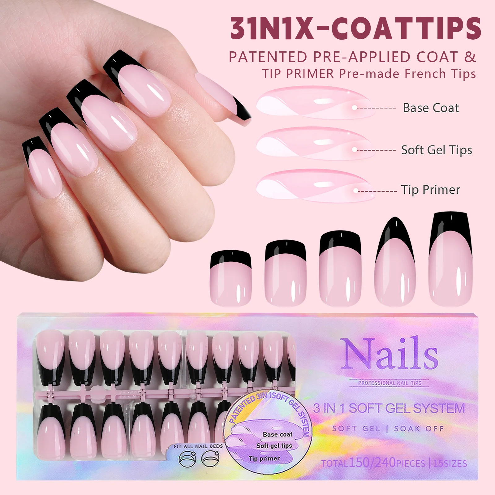 Wholesale 3 in 1 Soft Gel Press On False Nails Short Almond Square False Nails Handmade French Gel Press On Nails