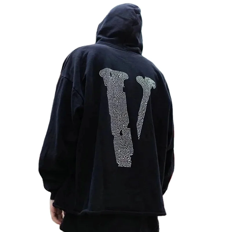 Wholesale pull over street wear thick Vloned fleece black rhinestone custom hoodie