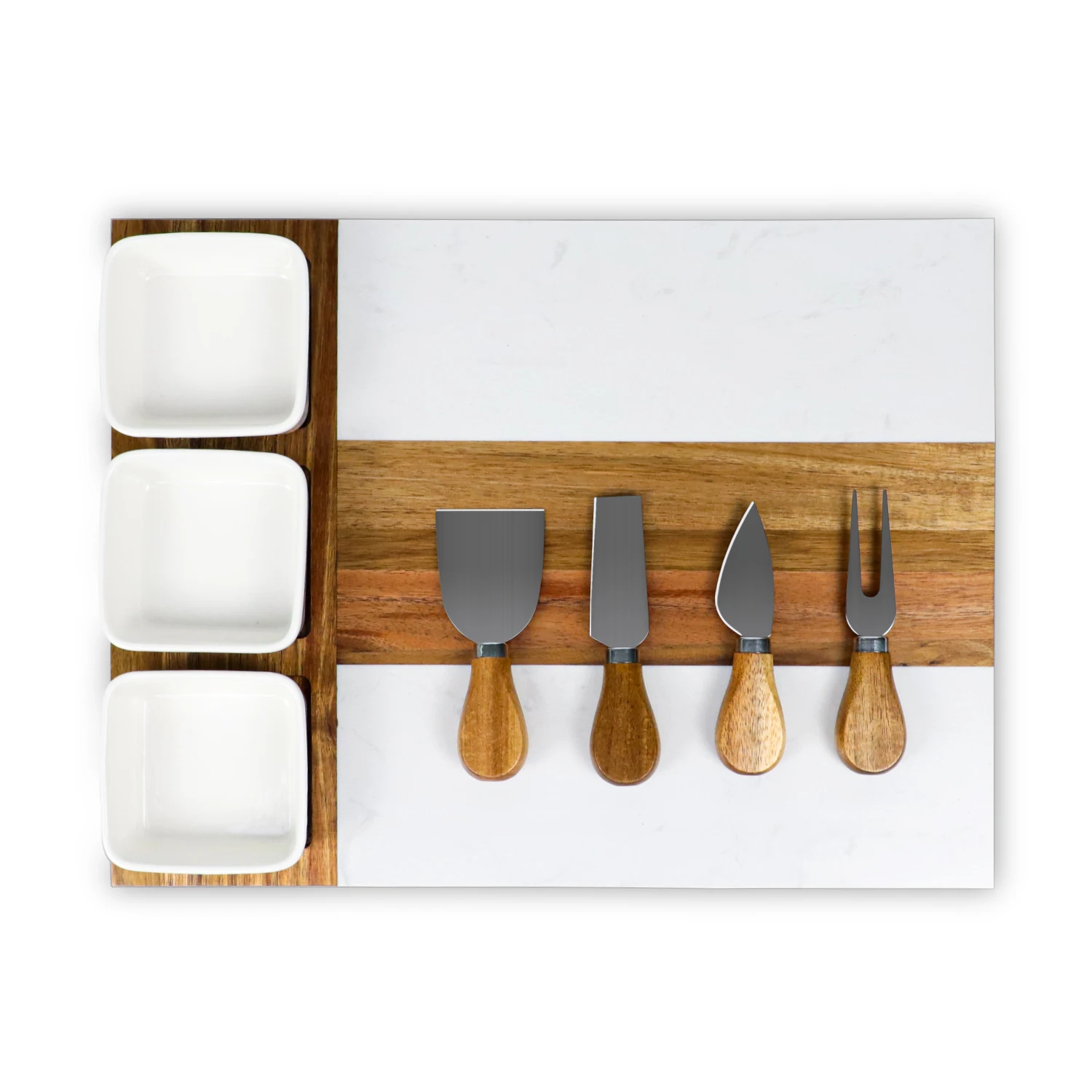 GL New Design Marble and Acacia Wood Charcuterie Board Cheese Board With 3 Ceramic Bowls bamboo cheese board and knife set