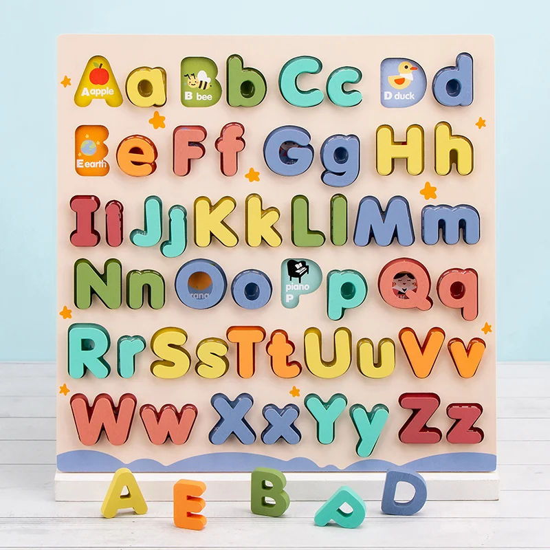 Children Wood Alphabet Letter ABCD 3D Jigsaw Puzzle Board Games Preschool Baby Montessori Early Educational Learning Toys