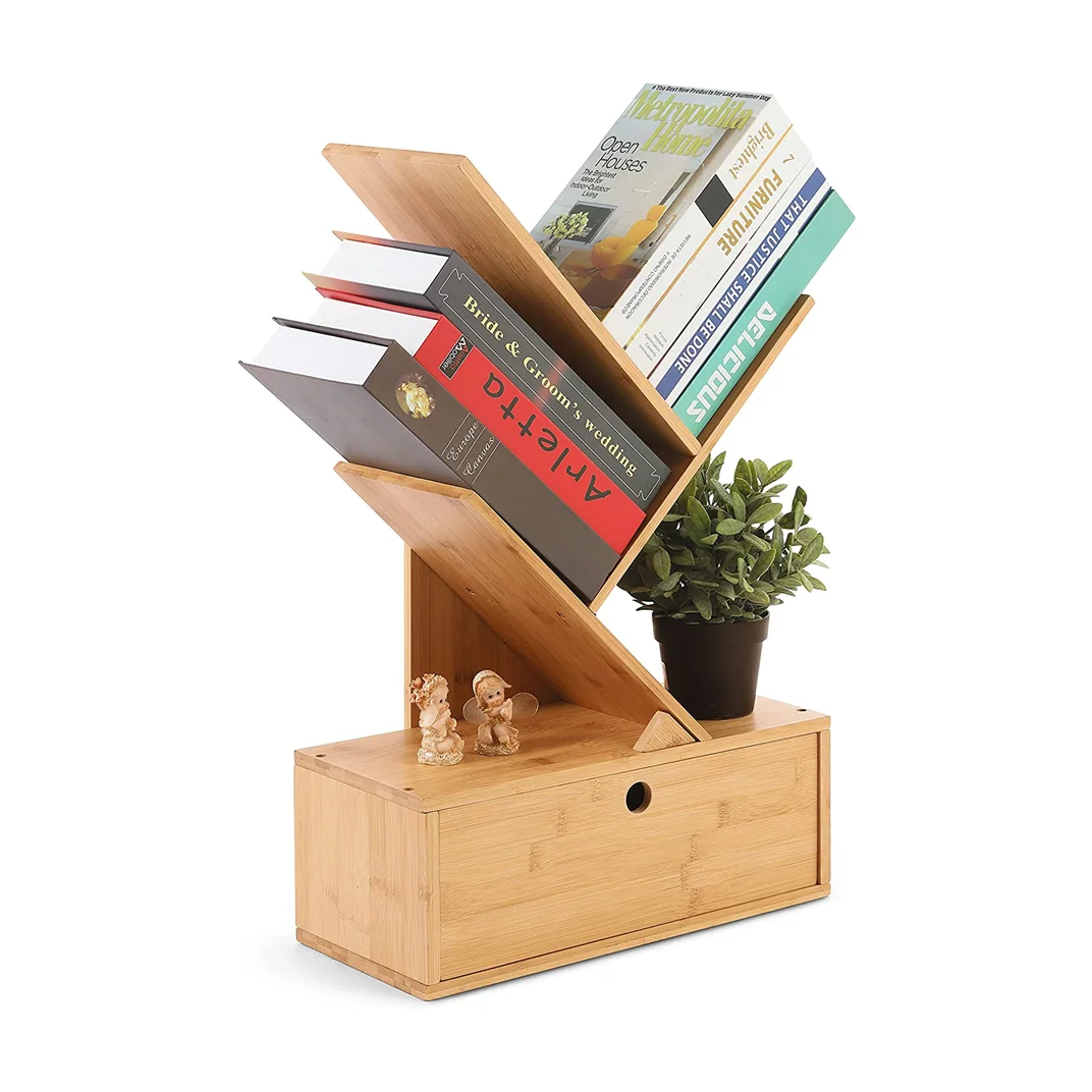 Wholesale Bamboo Wood Free Standing Holder Organizer Tree Bookshelf Nordic4 Tier Small Book Rack Shelf