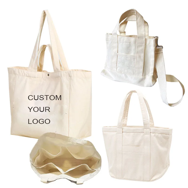 Wholesale Customized Printed Logo Many Pockets Large Capacity Cotton Canvas Shopping Beach Tote Bags Business Handbags For Women