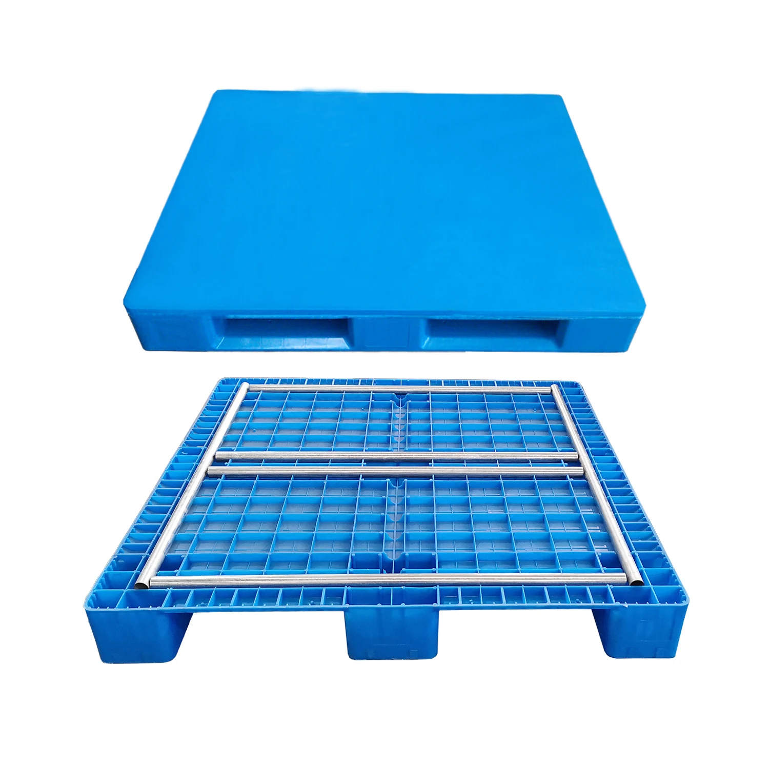 Blue HDPE Durable Steel Reinforced Stackable Vented Single Face Grid Euro Plastic Pallet for Warehouse Rack