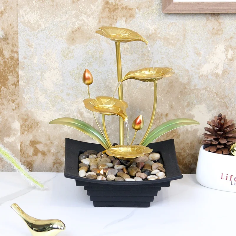 Modern Tabletop Decorative Metal 3 Tier Led Light Water Fountain Flowing Waterfall for Table Desk Office Home Bedroom Relaxation