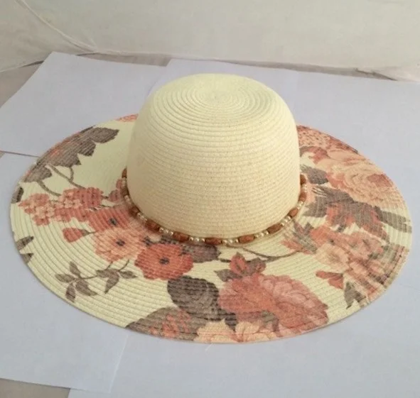Women Paper Straw Floral Printed Floppy Beads Chain Decoration Capeline Hat