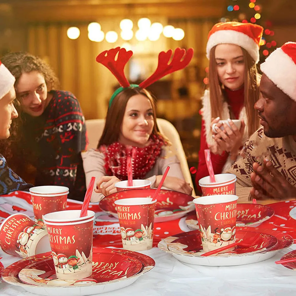 118 шт. рождественские и новогодние тематические товары для вечеринок мультяшный бумажный поднос бумажный стакан скатерть флаг вытягивающая Праздничная одноразовая посуда