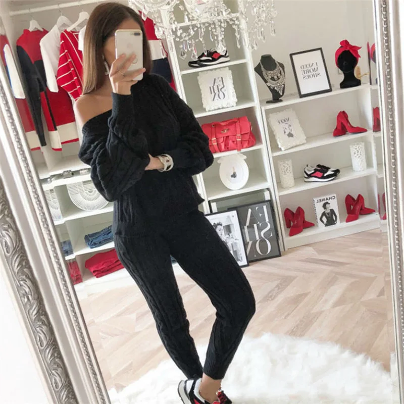 Winter Ladies O Neck Pullover Top Pants Sweater 2 Piece Set Sweater Suit Solid Color Oversized Knitted Sweater Set For Women