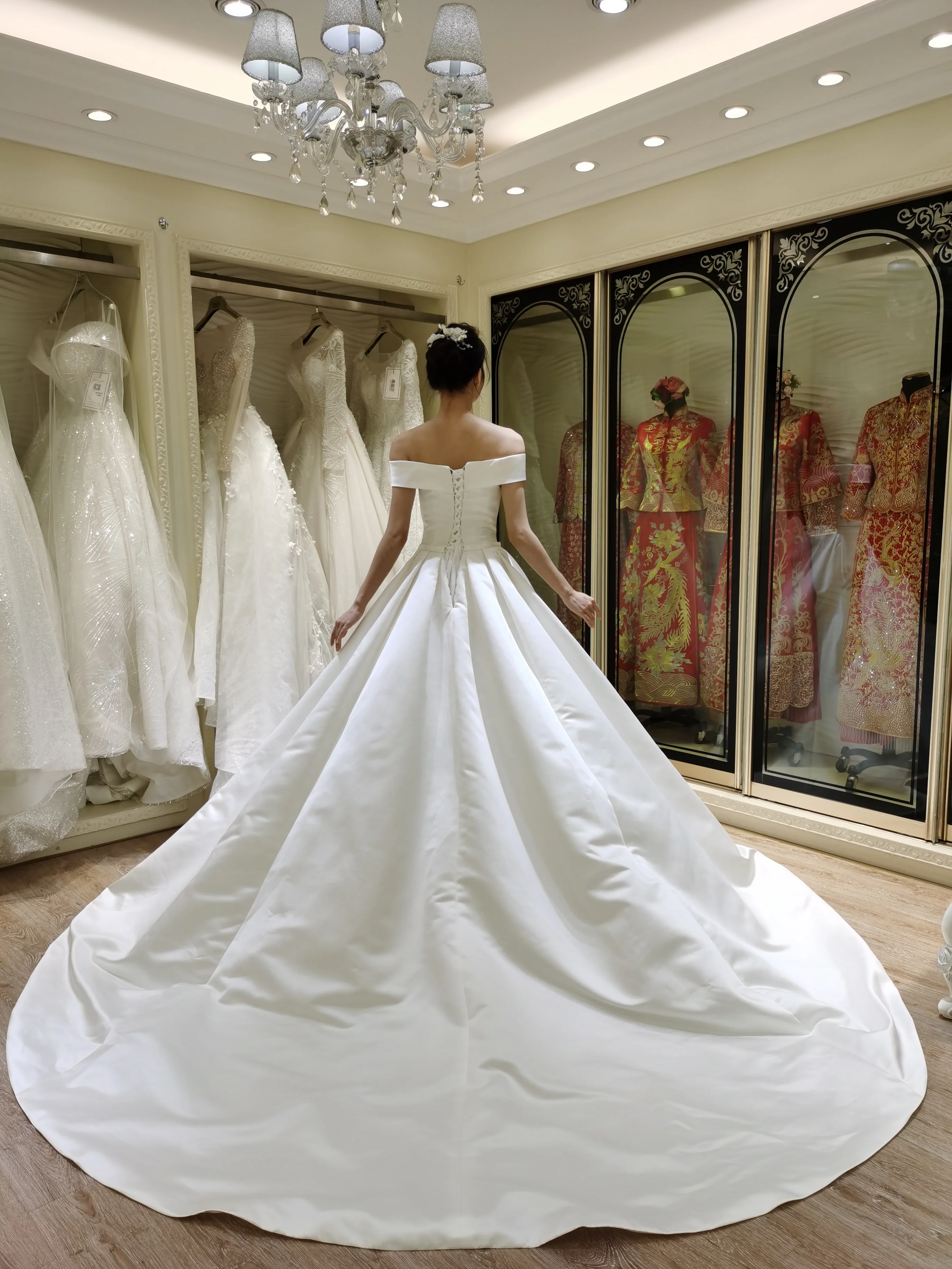 2021 off shoulder simple ball gown satin wedding dress turkey istanbul