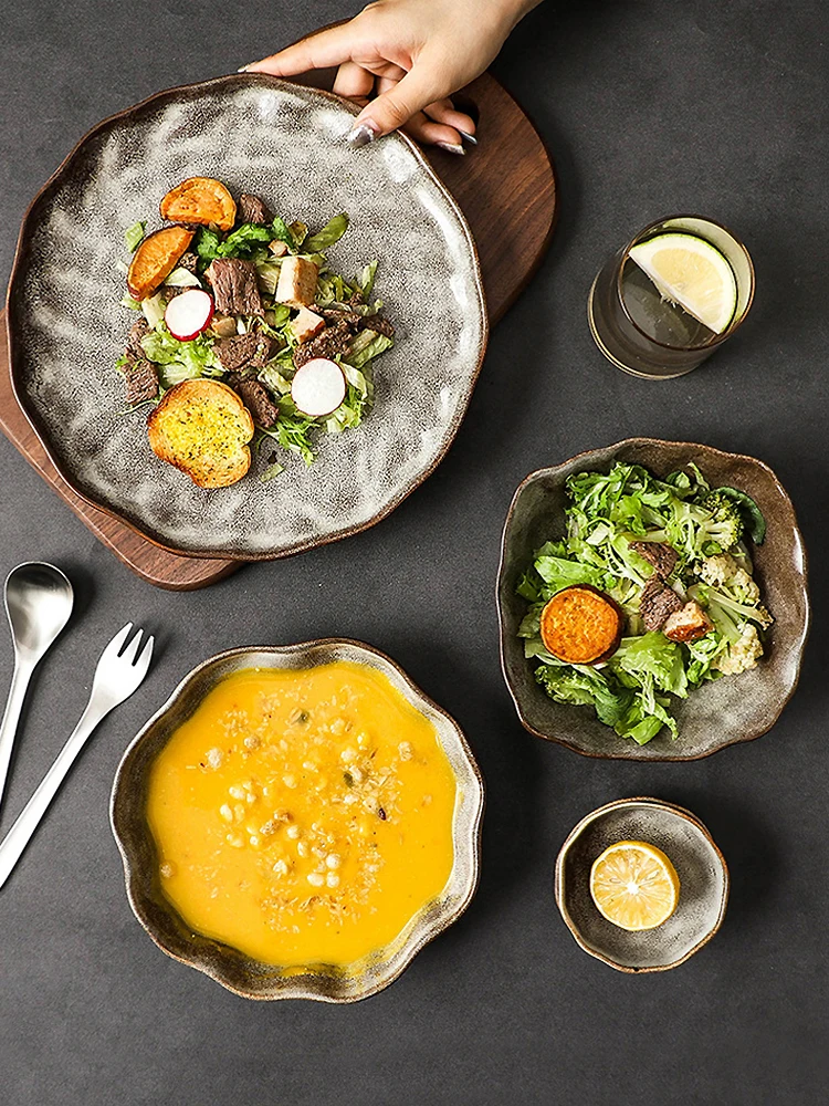 Japanese Style Retro Rice Bowl Ceramic Dinner Plate Single Tableware Salad Food Dish Wholesale Big Ramen Soup Bowl