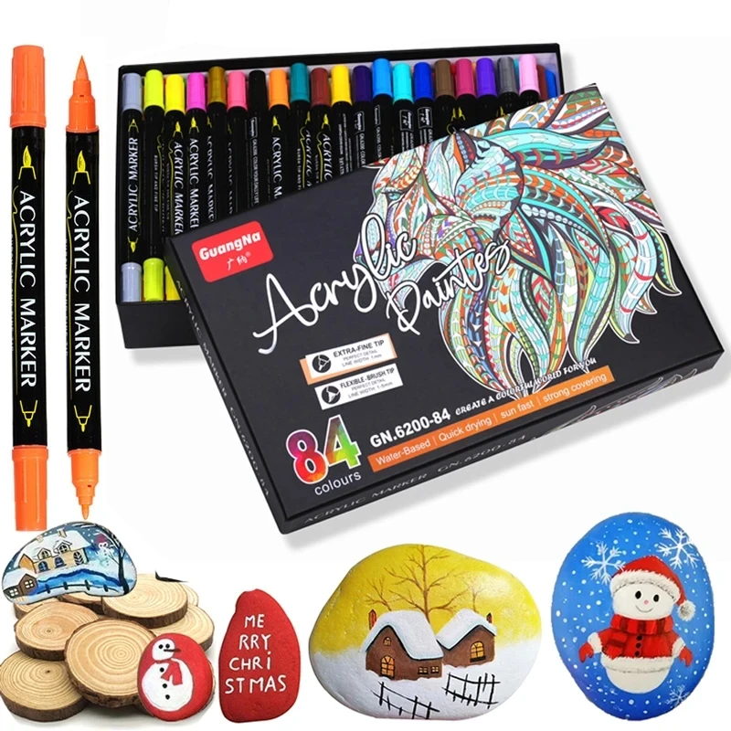 Wholesales Dual tip 84 Colors Water-based Acrylic Paint Marker pen set for Student Drawing Rock Painting