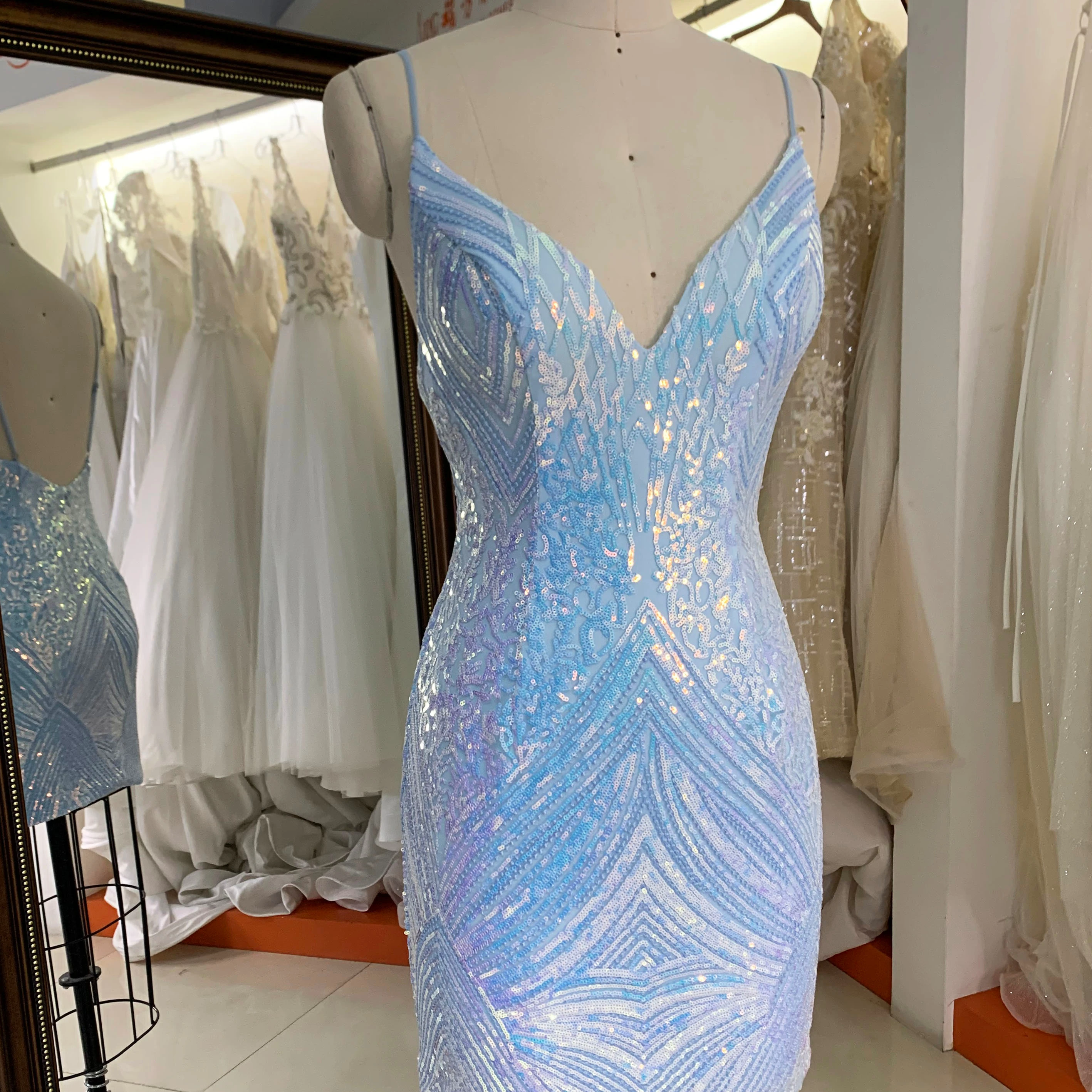 Light blue sleeveless with sequined pattern deep V neck open back fitted short prom homecoming dresses