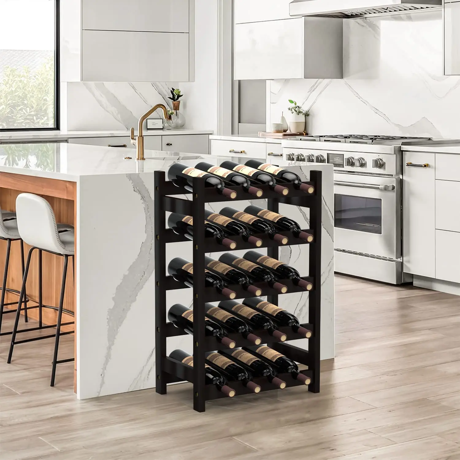 Bamboo Wine Rack for 20 Bottles, 5 Tier Freestanding Wine Holder, Wine Bottles Storage Display Shelf for Kitchen, Bar, Cellar