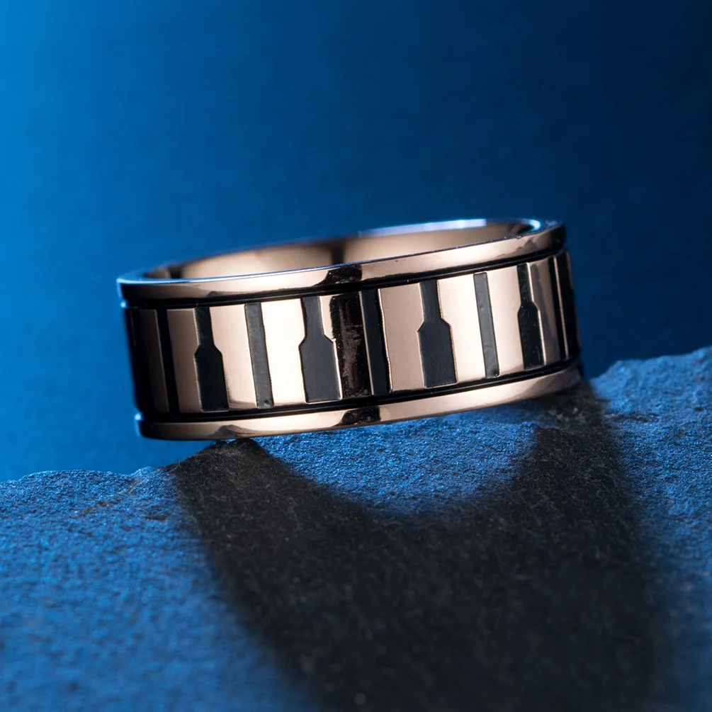 
Art vocal music instrument black keyboard piano rose gold stainless steel rings for men & women 