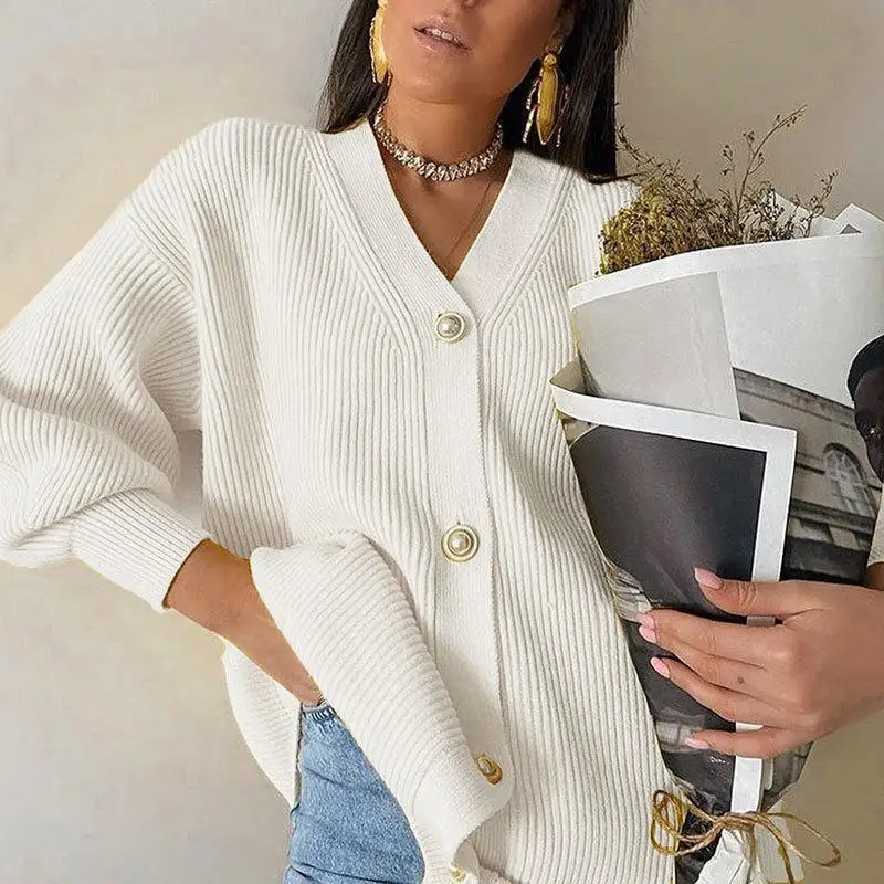 CY Casual V-neck Knitted Kimono Cardigan Women Autumn Winter Lantern Sleeve Button Female Streetwear