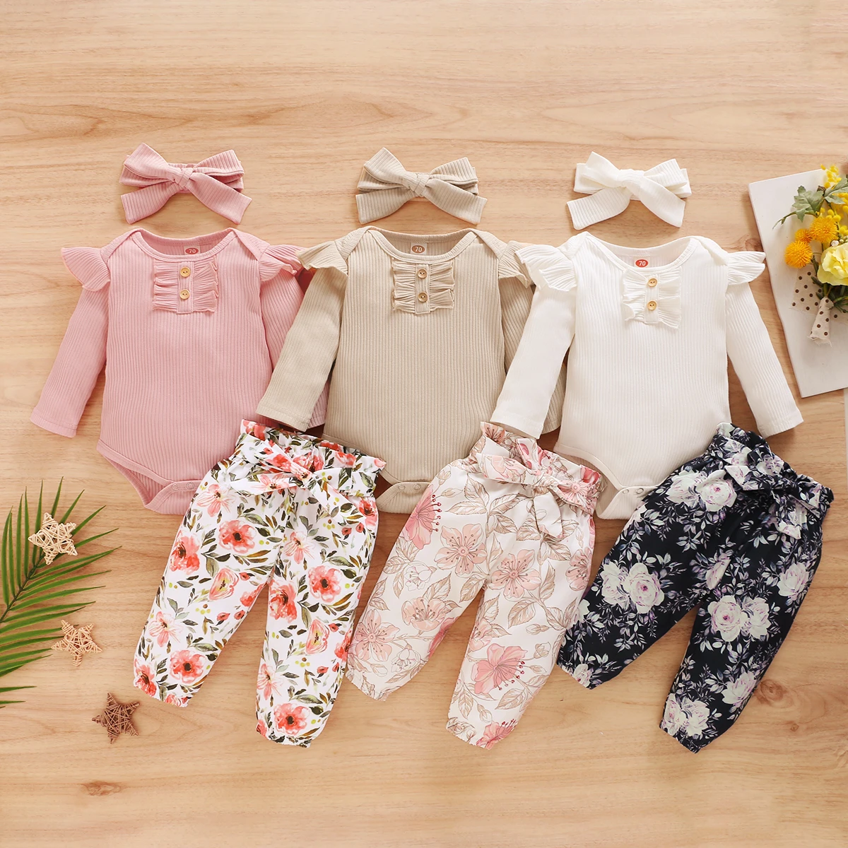 Cotton Ribbed Romper Floral Pants Children Clothes Sets Baby Girls Clothing M2226