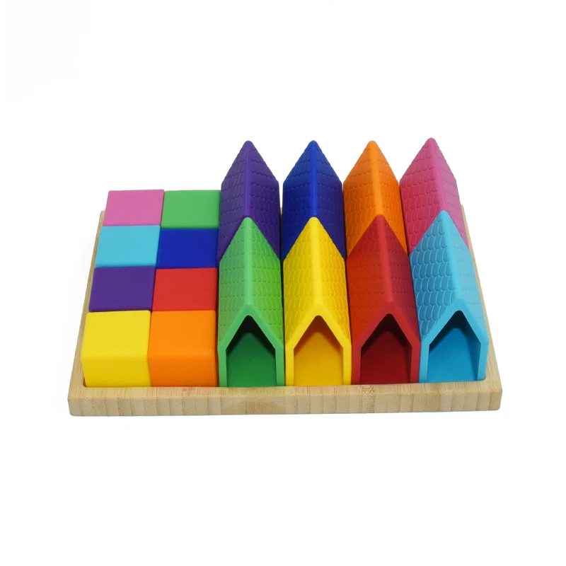 Rainbow colors Silicone Baby Montessori Soft Building Blocks house Stacking with Sorting Tray for Toddlers