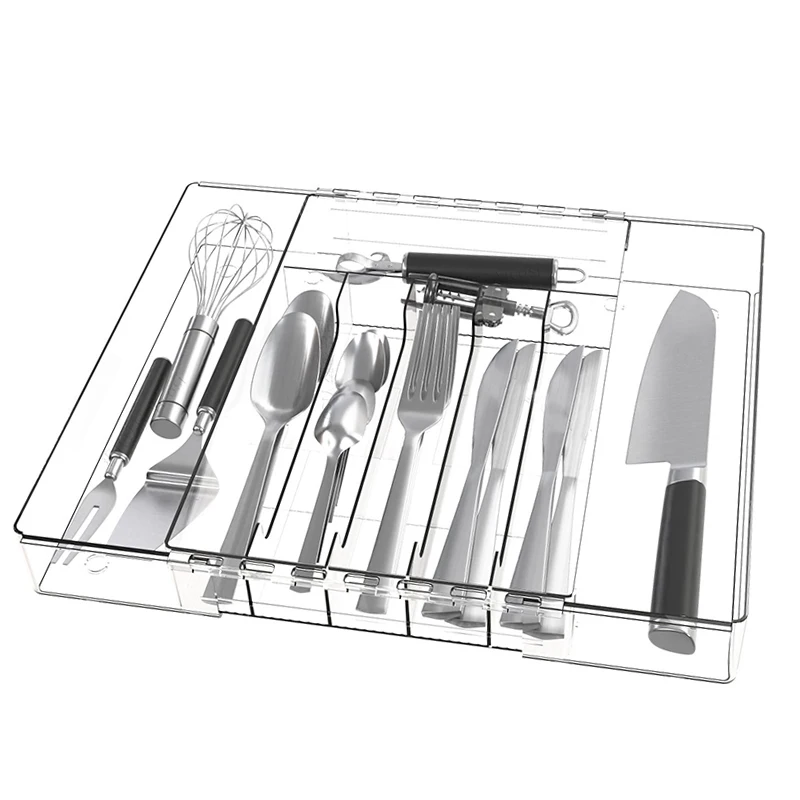 Silverware Tray and Kitchen Cutlery Organizer Expandable PET Clear Cutlery Drawer Organizer Utensil Tray for Kitchen Storage