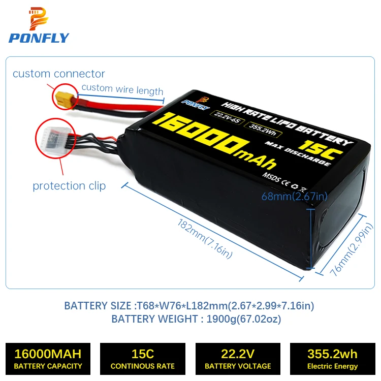 PONFLY High Capacity Battery Fpv Drone Battery 22.2V 6S 16000mAh 15C 30C Lipo Battery for Car Helicopter Quadcopter Manufacturer