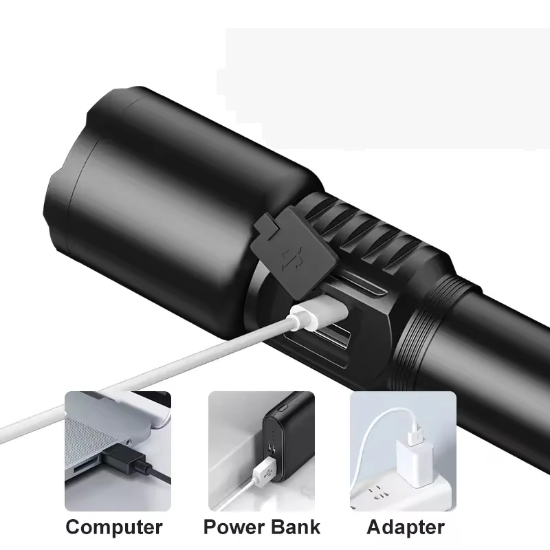 Aluminium alloy USB rechargeable 1200 Lumens 20w  zoomable waterproof emergency flashlight with digital power display