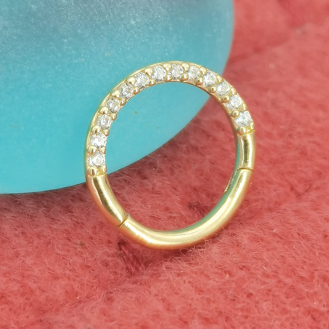 Custom 14k Solid Yellow Gold Hip Hop Hinged Segment Clicker Paved Bling CZ Jewelry Septum Daith Wholesale Piercing Ring