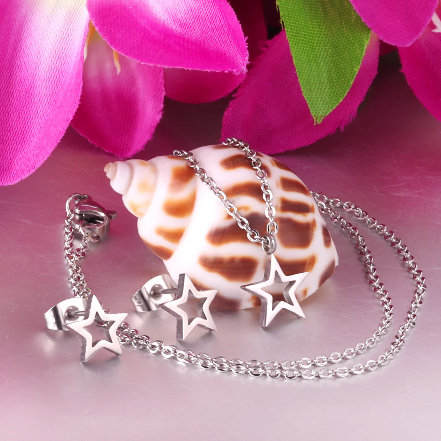 Star Shape Pendant Necklace and Earrings for Women Stainless Jewelry Sets