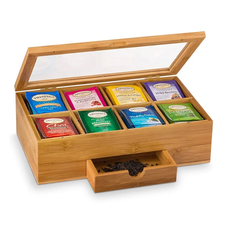 
Custom logo wholesale 8 compartment bamboo wood tea storage box with drawer 