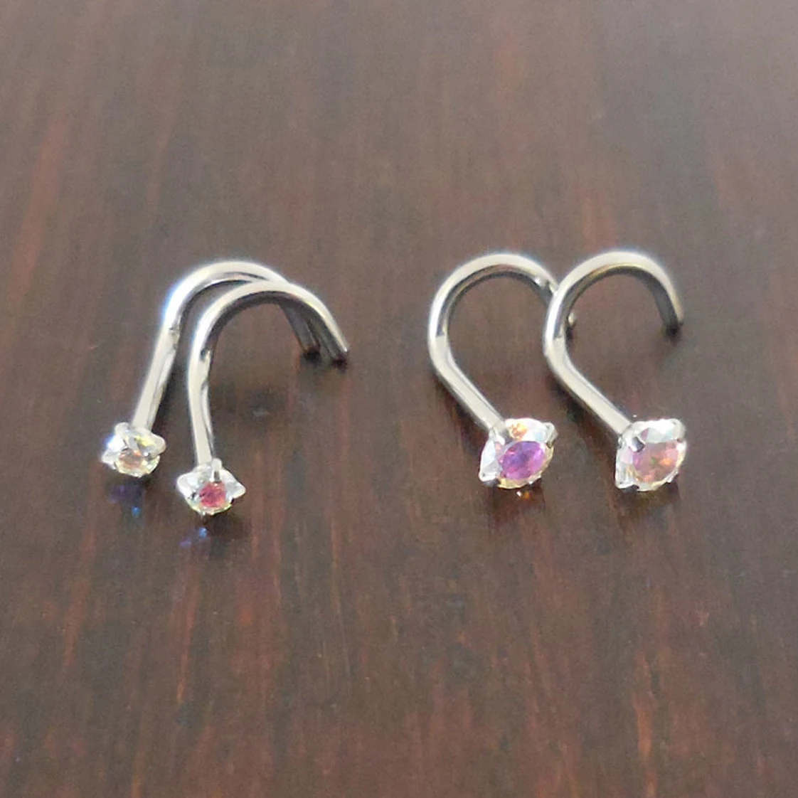 Pair 2mm or 3mm Prong Set Screws Nose Rings Many Colors Stainless Steel Gold Tone Rainbow Prism Crystal CZ 20G or 18G