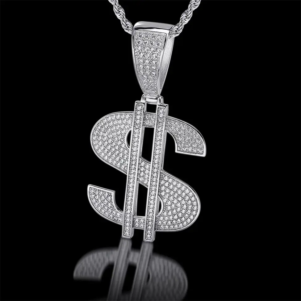 2024 Fashion Hip Hop  Bling Bling 925 Sterling Silver CZ Diamond Big Size Gold US Dollar Shaped Pendants For Men