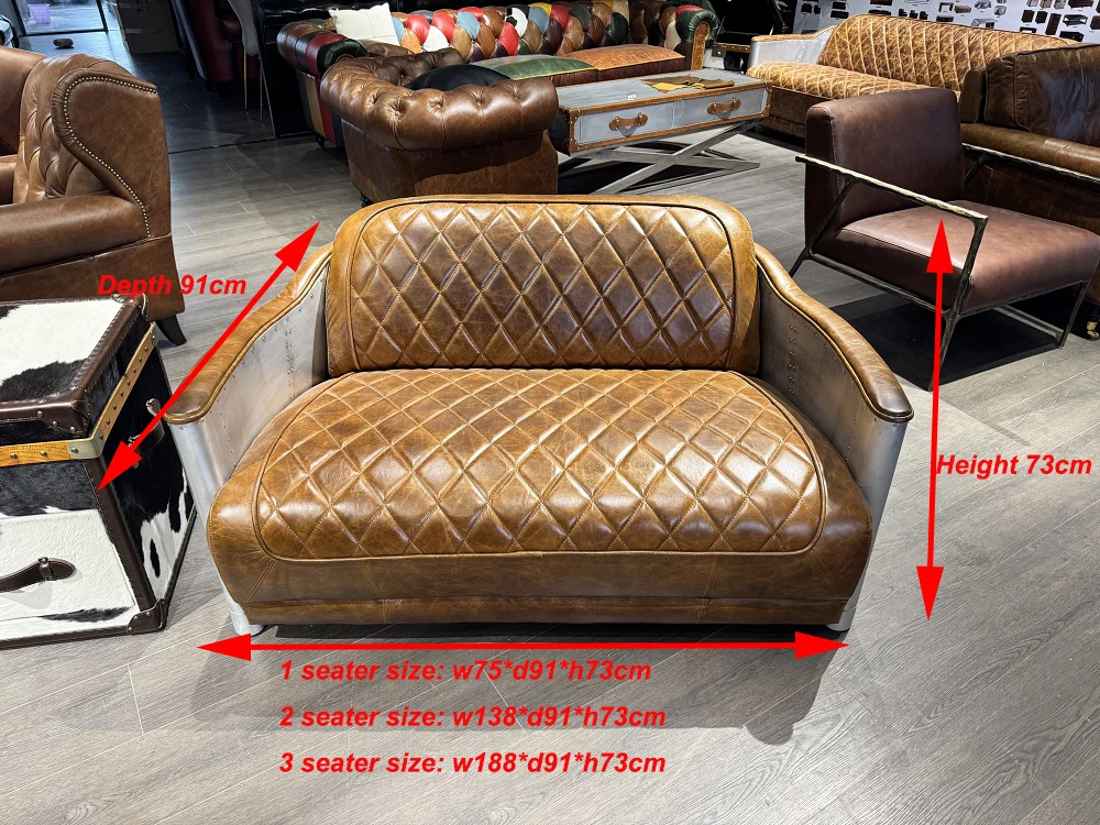 Industrial loft american vintage antique leather 3 seater aviation sofa set