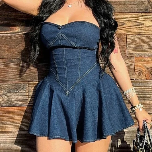 Summer 2024 Y2K Wrap Hip Mini Pleated Skirt Sexy Strapless Bra Denim Dress For Women