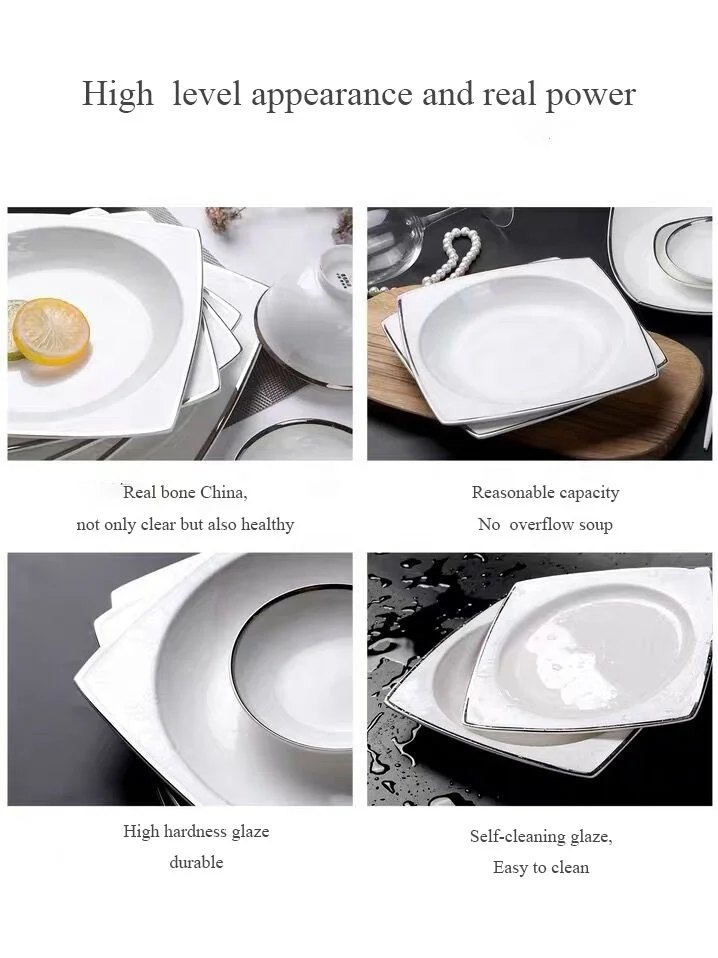 Wholesale bone china tableware sets White ceramic dinnerware charger plates Hotel used silver rim porcelain square dinner plates