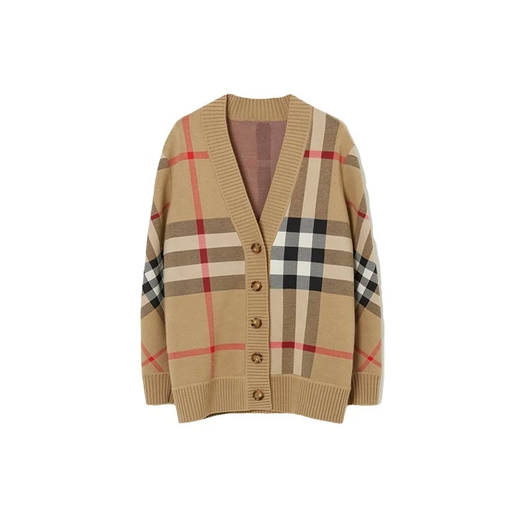 DLDM Loose Drop Shoulder V Neck Open Front Button Intarsia Jacquard Tartan Plaid Long Sleeve Women Wool Knit Cardigan Sweater