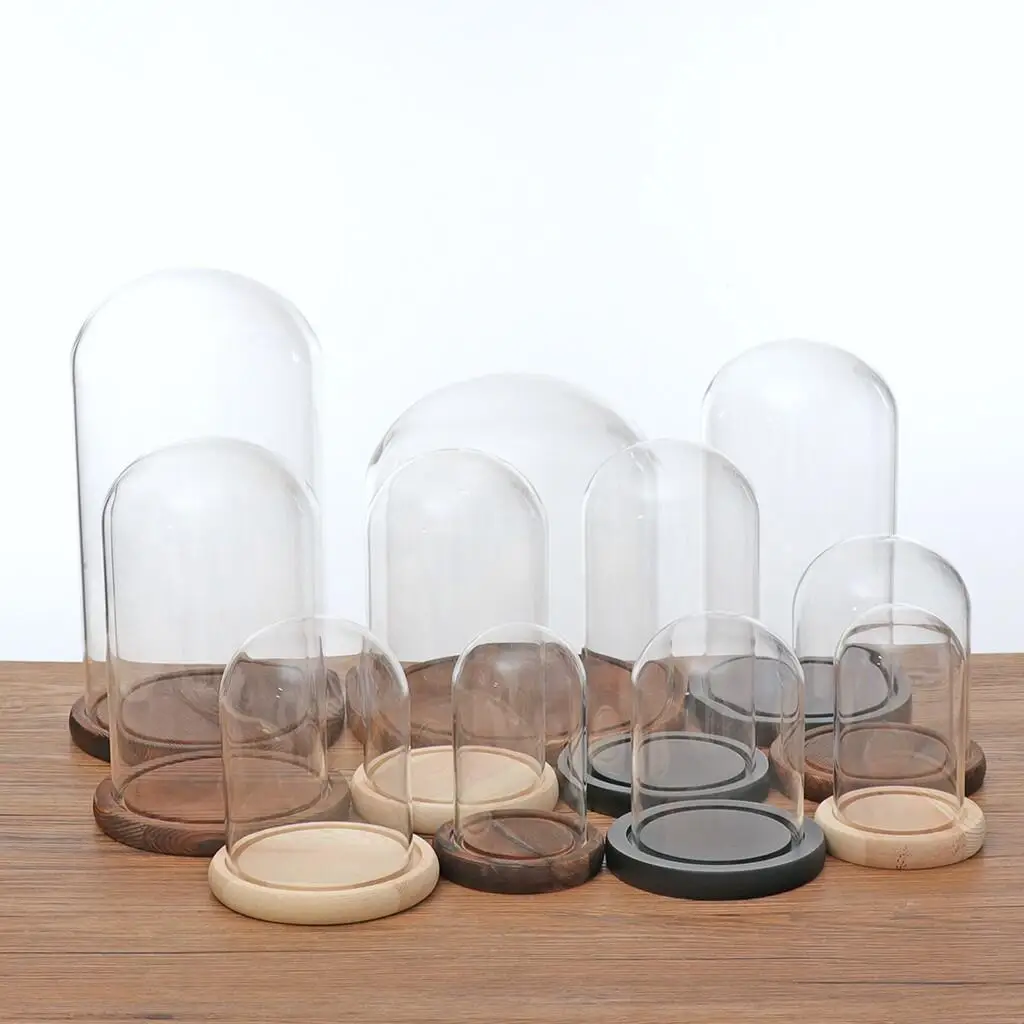 10x18cm Clear Glass Display Flower Dome Bell Jar Cloche Wooden Base With Led Light