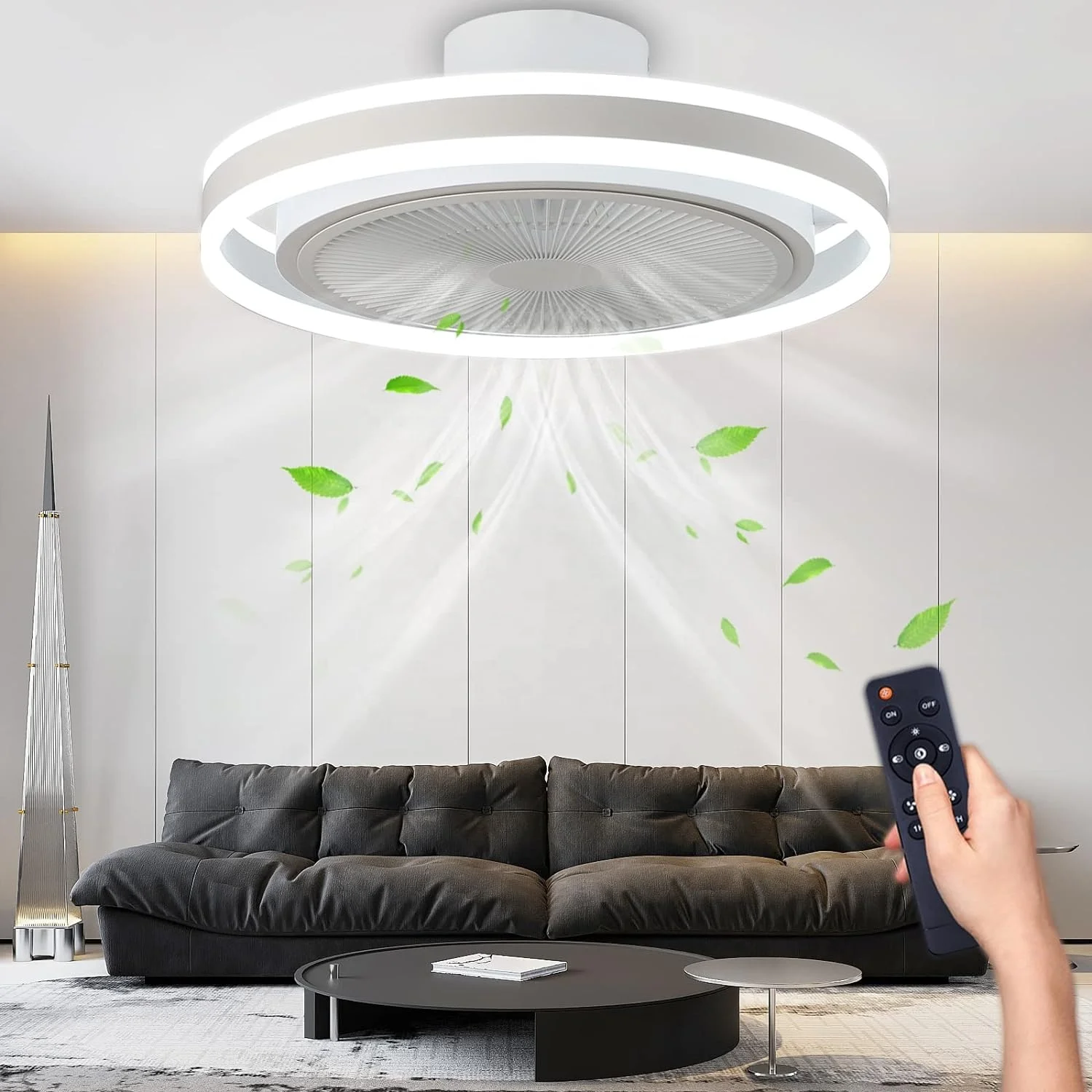 New Design Modern Ceiling Fans with Lights Remote Control,Bladeless Low Profile Enclosed LED 3 Colors Dimming 3 Speed Fan Light
