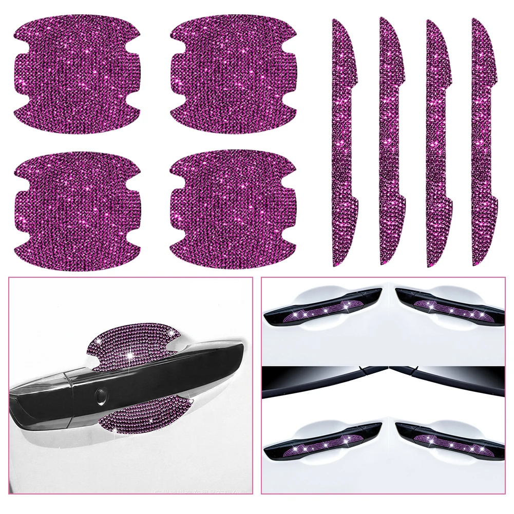 8pcs Bling Car Kit Car Door Handle Protector Shiny Rhinestones Scratch-Resistant Stickers Door Cup Handle Protective Film