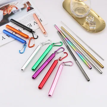 
Outdoor 9 Inch Colored Straw Reusable Collapsible Straw Metal Telescopic Straw with Case 