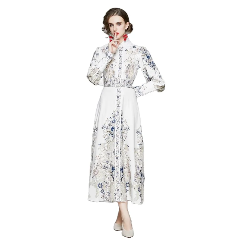 European And American Ins Dress Summer Tall New Vintage Printed Long Sleeve Shirt A-line Skirt